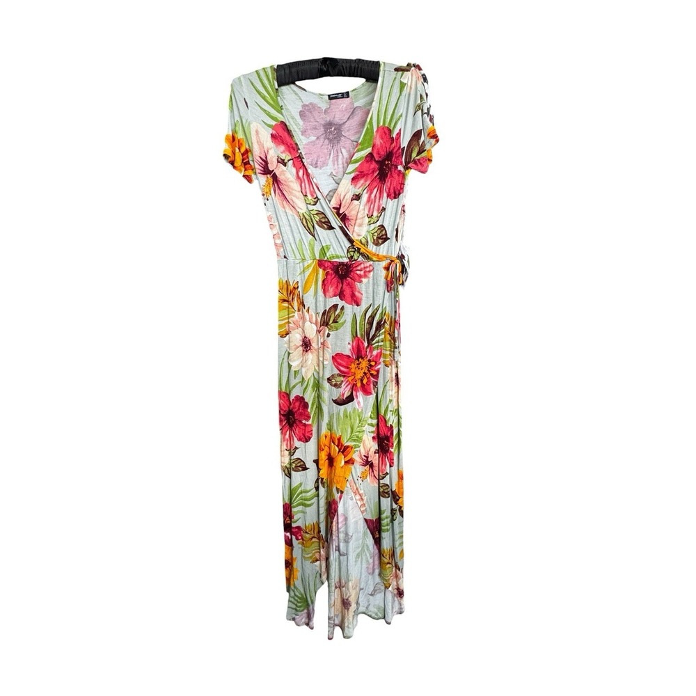 Popular Basics Floral Wrap Maxi Dress Women's Hi Lo Tropical Short Sleeve